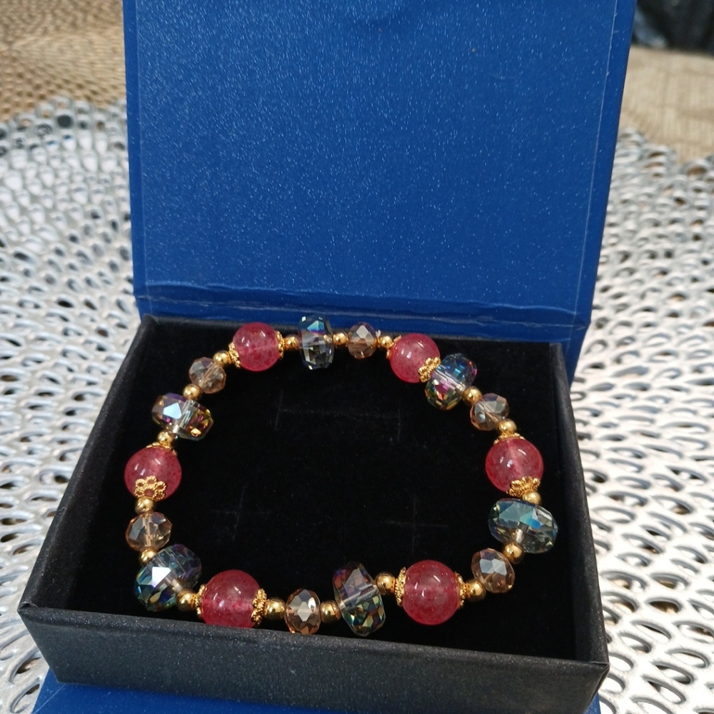Pink Crystal Bead Stretch Bracelet - Gold Accents - ⭐ GOOD LUCK CHARM BRACELET ⭐